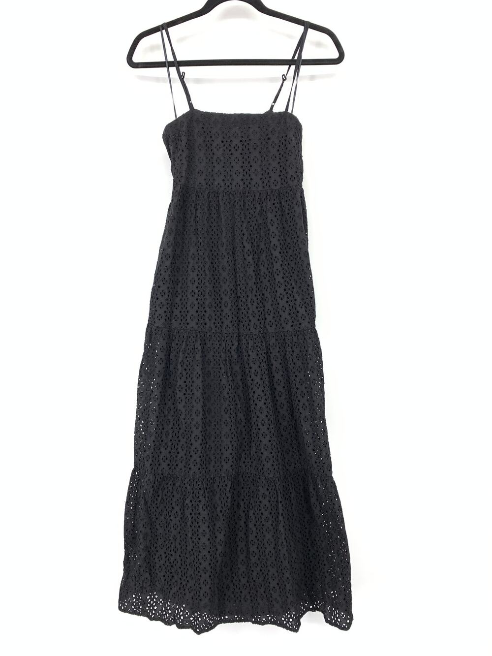 Seafolly A-Line Maxi Dress Womens Size XS Tie Open Low Back Black Eyelet Tiered